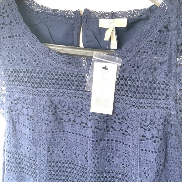 Joie Dress Cotton Ruffle Mini Dress Large Navy Blue Sleeveless Shift Shift Lace - Picture 7 of 12